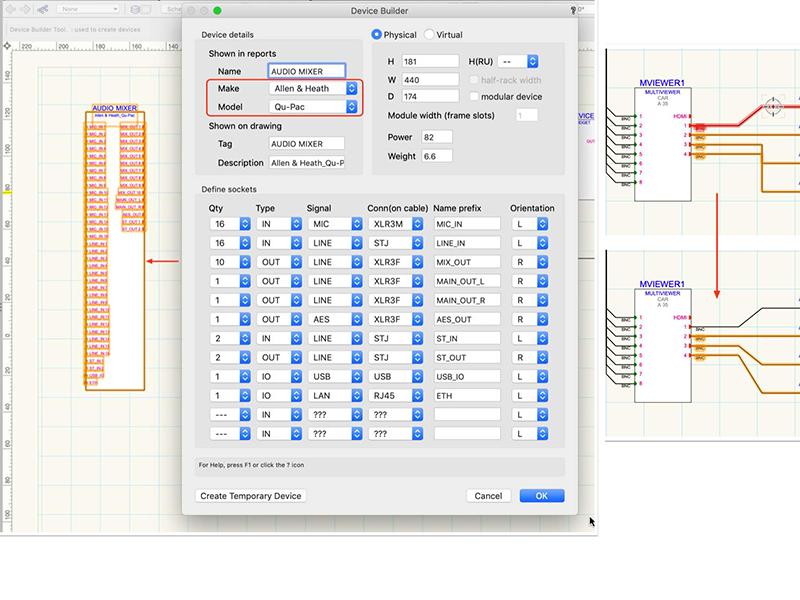 ConnectCAD device builder creation equipement ports sockets synoptique audiovisuel
