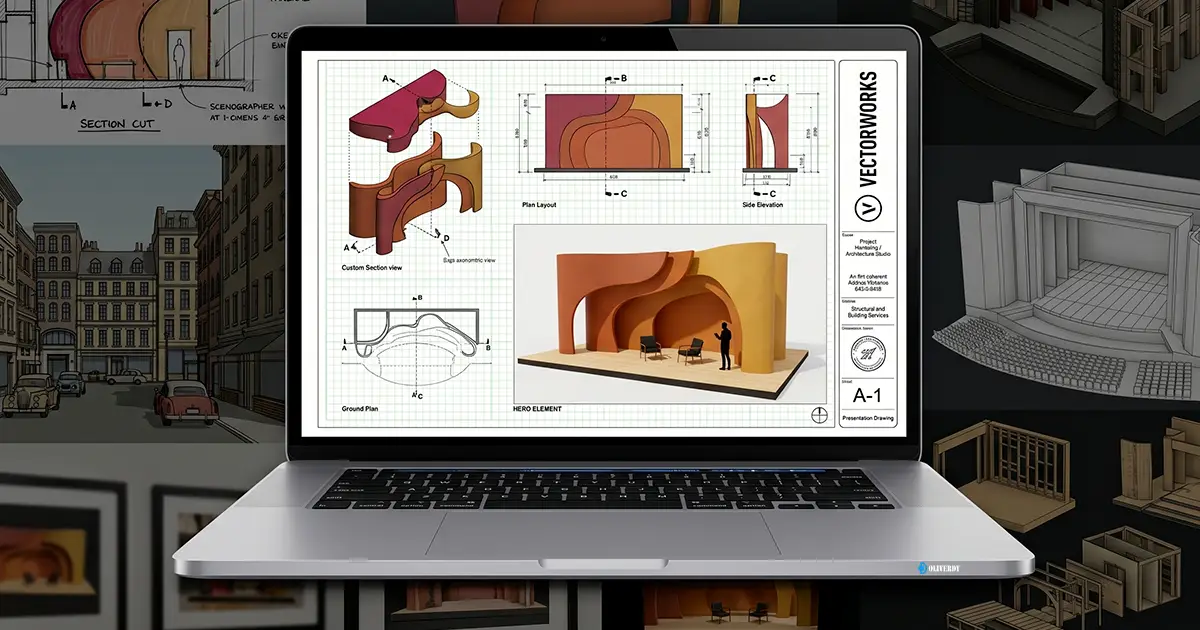 Vectorworks Spotlight pour la scénographie — modélisation 3D décor de spectacle, planches client et plans atelier