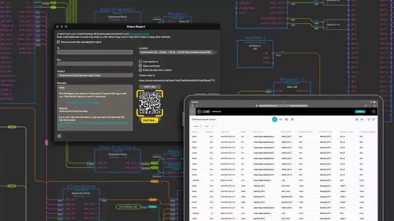 Synoptique audiovisuel ConnectCAD — équipements, ports et câbles structurés, formation Oliverdy
