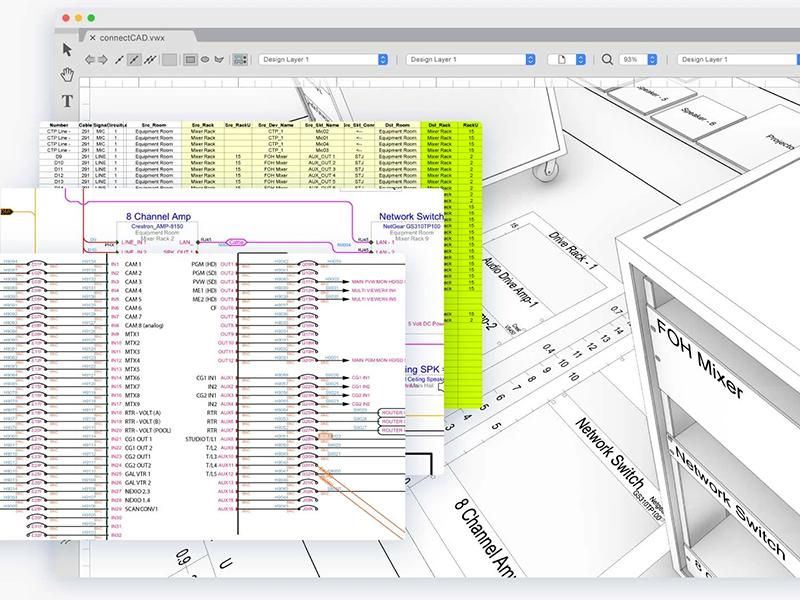 ConnectCAD synoptique audiovisuel circuits listes cables tableau donnees
