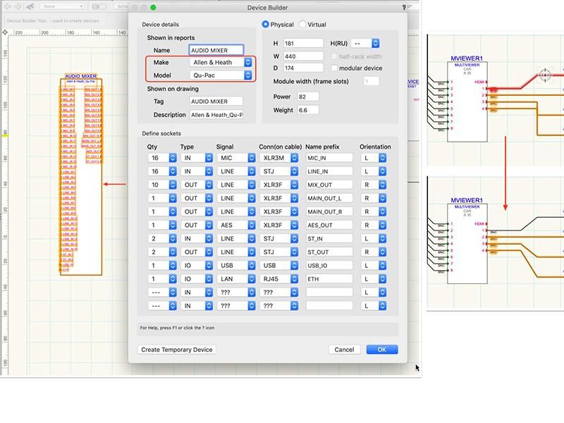 ConnectCAD device builder creation equipement ports sockets synoptique audiovisuel
