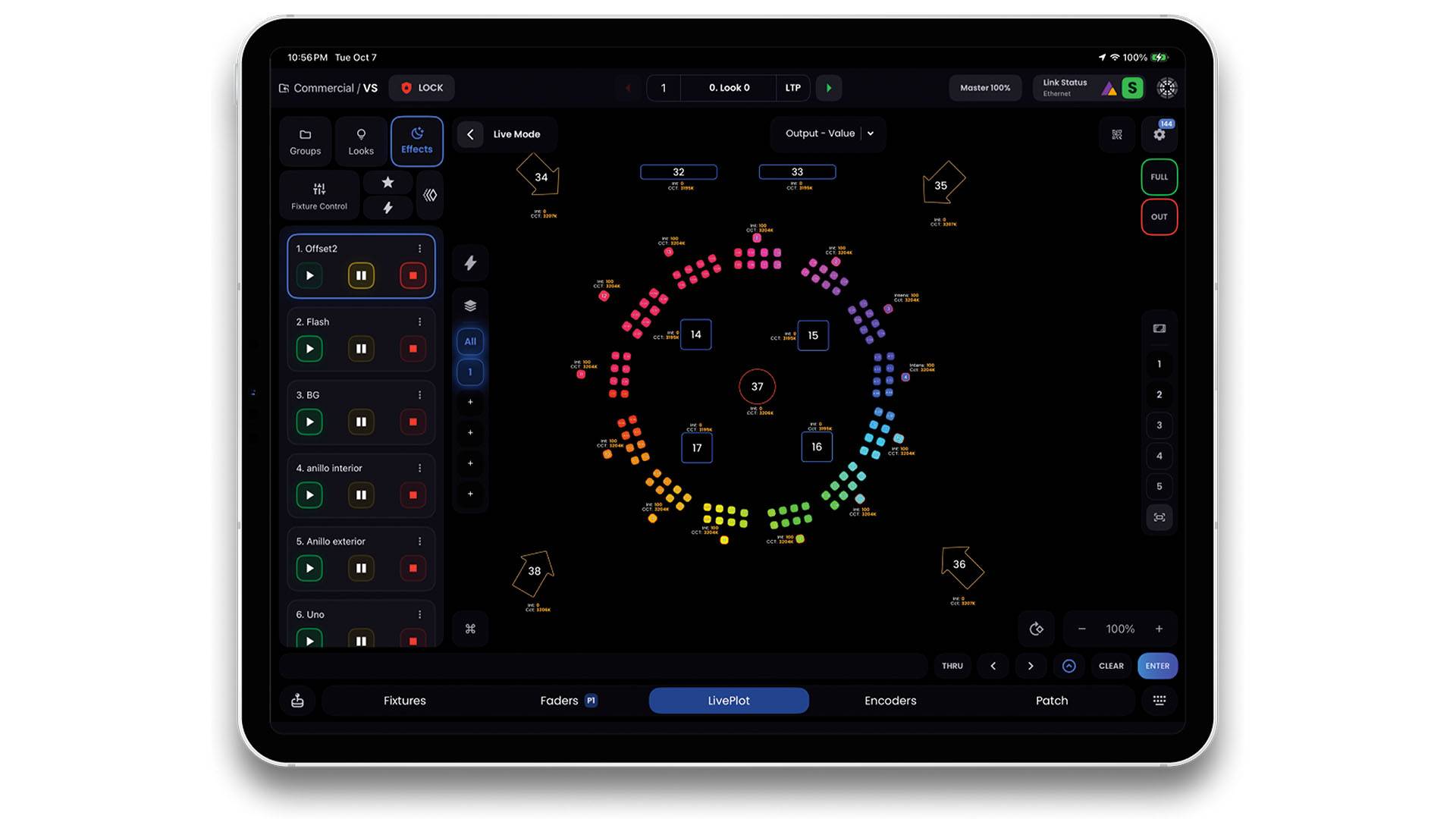Interface Liveplot de l'application Blackout Lighting Console sur iPad pour le pilotage de projecteurs de cinéma